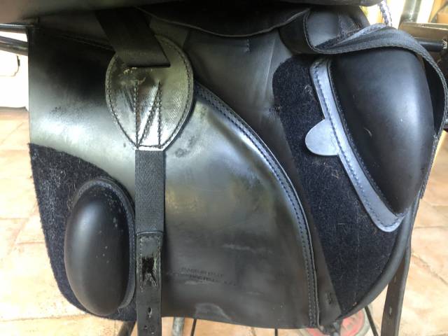 VENDS SELLE PRESTIGE CUIR BOVIN LISSE NOIR, LISERE BLEU