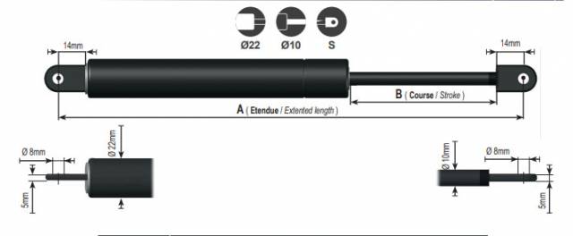 Vérin à gaz soudée 800n - Entraxe 785mm