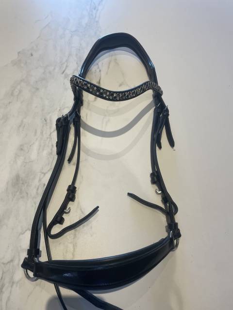 Joli bridon noir avec muserolle allemande laquée 