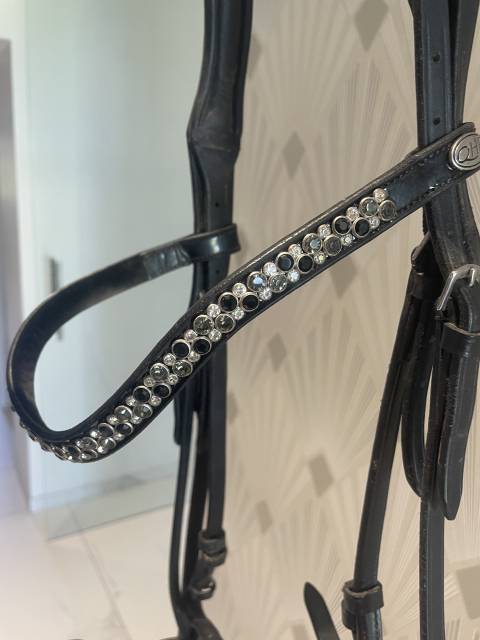 Joli bridon noir avec muserolle allemande laquée 