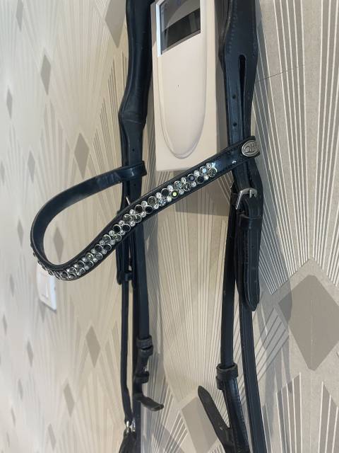 Joli bridon noir avec muserolle allemande laquée 