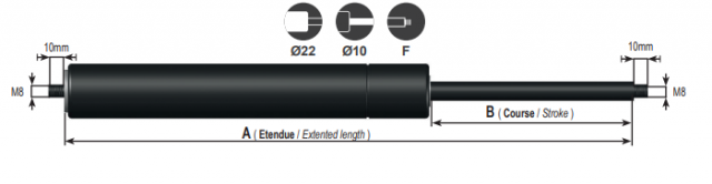 Vérin à gaz entraxe 600mm - Compression de 100N à 1200N