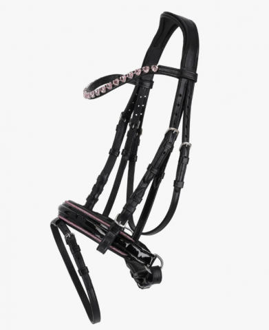Bridon Bixie Rose avec rênes - QHP - Cuir noir, strass