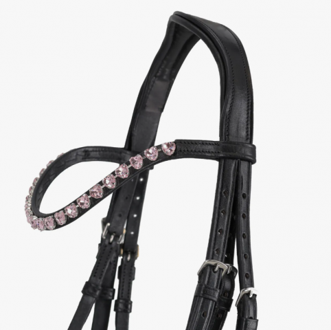 Bridon Bixie Rose avec r&ecirc;nes - QHP - Cuir noir, strass