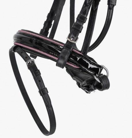 Bridon Bixie Rose avec r&ecirc;nes - QHP - Cuir noir, strass
