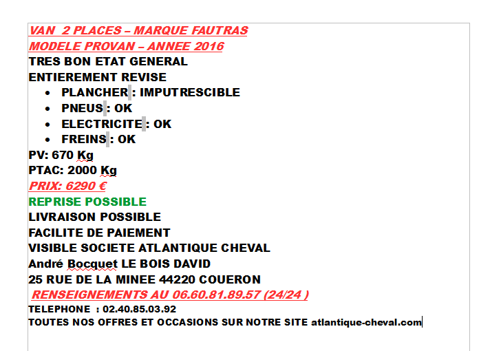 VAN 2 PLACES - MARQUE FAUTRAS